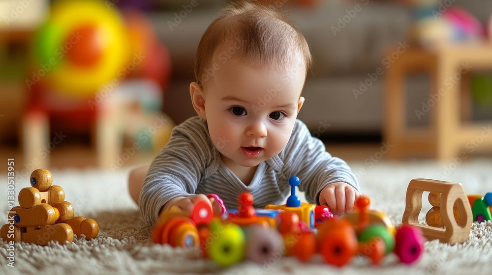 A baby enjoys playing with safe, wooden toys.
A baby enjoys playing with safe, wooden toys.