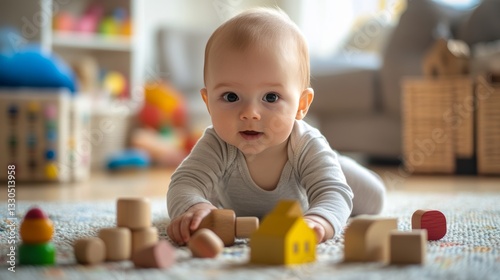 A baby enjoys playing with safe, wooden toys.

