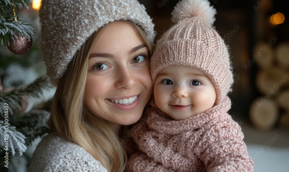 Obraz premium a mother and her baby daughter wearing winter hats and smiling.