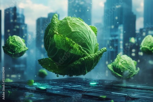 Fresh cabbages floating above a futuristic platform with a cityscape in the background, symbolizing sustainable urban farming and food production