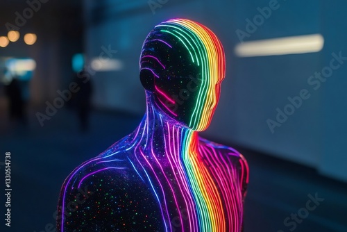 Futuristic human figure with pulsating rainbow colors representing the concept of artificial intelligence
