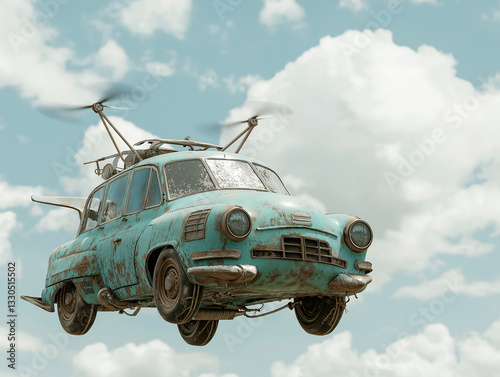 Playfull and bit funny Vintage DIY Two-Rotor Flying car with Rusty Finish, Retro turquise Aircraft from the 1950s