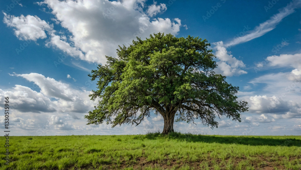 Solitary green tree in an expansive, barren field under bright blue sky with fluffy clouds. Solitary green tree in an expansive, barren field under bright blue sky with fluffy clouds.