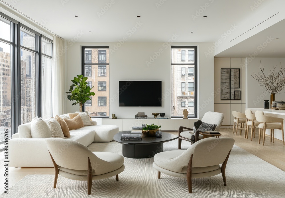 Modern minimalist living room with large windows, neutral palette, and comfortable seating. Modern minimalist living room with large windows, neutral palette, and comfortable seating.