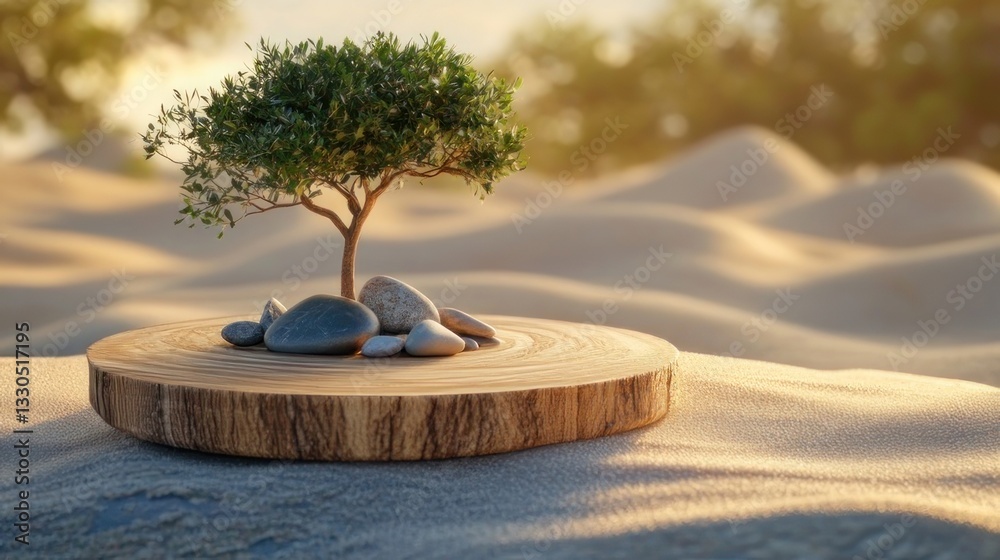 Obraz premium Small tree on wooden disc in desert
