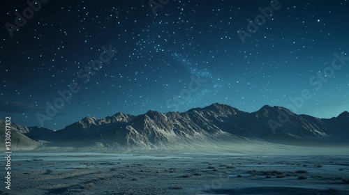 A desert night in southern Nevada.  Stars shine bright above a low mountain range.
