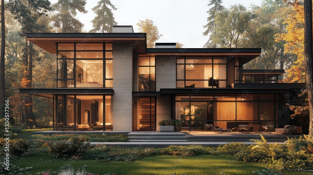 Modern house with large windows, nestled in a forest Modern house with large windows, nestled in a forest