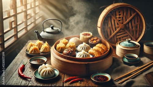 Authentic Chinese Dim Sum in Bamboo Steamer with Dumplings, Bao Buns, and Spring Rolls Served with Soy Sauce and Chili Oil on Wooden Table: High-Resolution Traditional Asian Cuisine