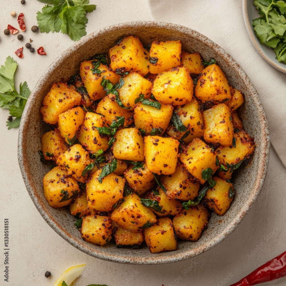 A rustic bowl of aloo methi with potatoes and fresh fenugreek leaves. Indian side dish made with potatoes and fenugreek leaves and spices. A rustic bowl of aloo methi with potatoes and fresh fenugreek leaves. Indian side dish made with potatoes and fenugreek leaves and spices.