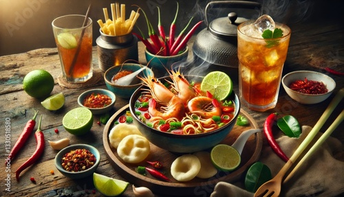 Authentic Thai Street Food Scene with Spicy Tom Yum Soup, Shrimp, Chili, Lemongrass, Lime, Crispy Prawn Crackers, and Thai Iced Tea: High-Resolution Gourmet Asian Cuisine