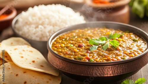 Steaming dal tadka served with steamed rice and papad in a traditional Indian kitchen setting creating a comforting and authentic culinary ambiance