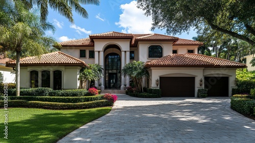 Exquisite mediterranean style home, luxury facade with manicured garden and driveway
