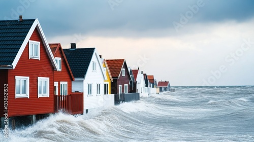 Seaside village with houses dangerously close to a rising storm tide, natural disaster anticipation