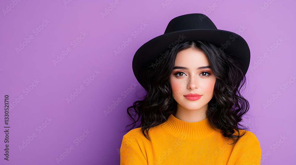 Stylish woman in a black hat and mustard yellow sweater against a vibrant purple backdrop Stylish woman in a black hat and mustard yellow sweater against a vibrant purple backdrop
