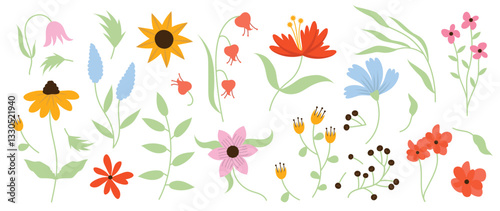 Wallpaper Mural Collection of botanical colorful floral elements vector. Set of floral wild flowers, branches leaves, foliage on white background. Hand drawn flower illustration for decor, sticker, clip art, print. Torontodigital.ca
