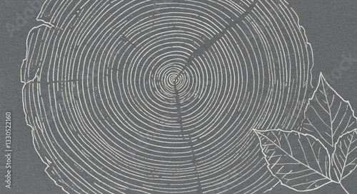 白黒の繊細な線画 木の年輪と葉 静謐な美しさ