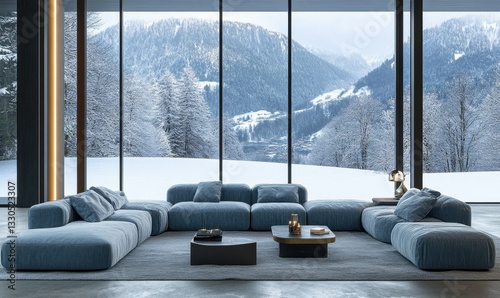 Luxurious modern living room with plush blue furniture and large windows showcasing a snow-covered landscape outside