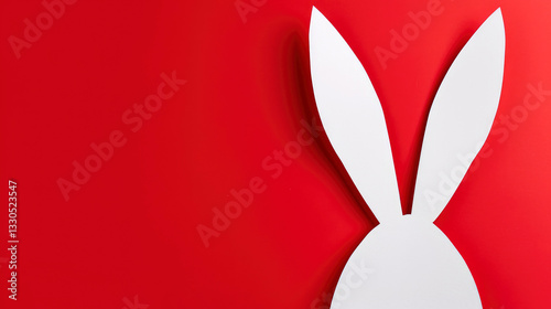 Happy Easter greeting card with head and white paper cut Easter Bunny Ears isolated on a red background, illustration, Generative Ai
