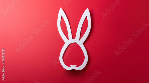 Happy Easter greeting card with head and white paper cut Easter Bunny Ears isolated on a red background, illustration, Generative Ai