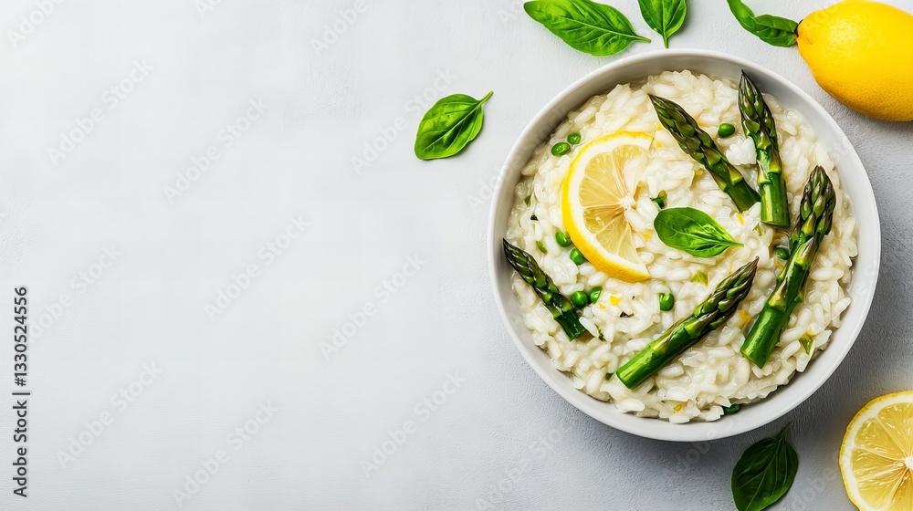 Asparagus risotto is presented in a white bowl with lemon slices and basil leaves on a light gray surface, showcasing its vibrant colors.
