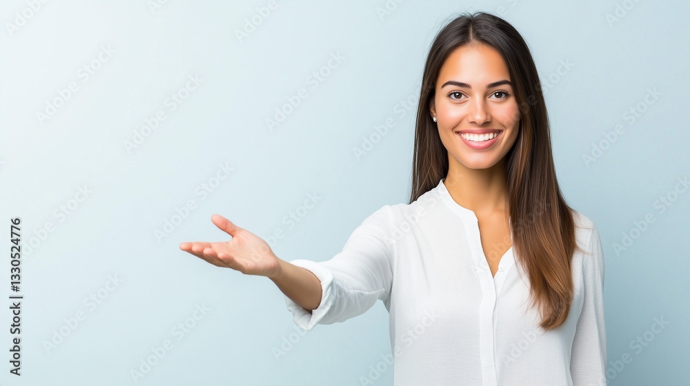 Smiling woman in white shirt extending hand in welcoming gesture Smiling woman in white shirt extending hand in welcoming gesture