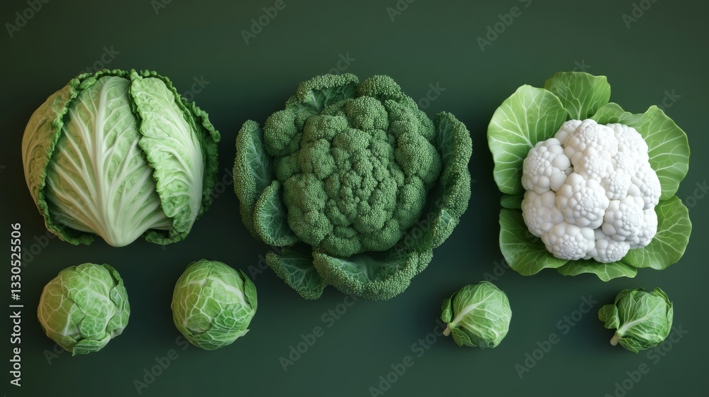 Fototapeta premium Realistic 3D icons of various vegetables: cabbage, lettuce, broccoli, cauliflower, and Brussels sprouts. 