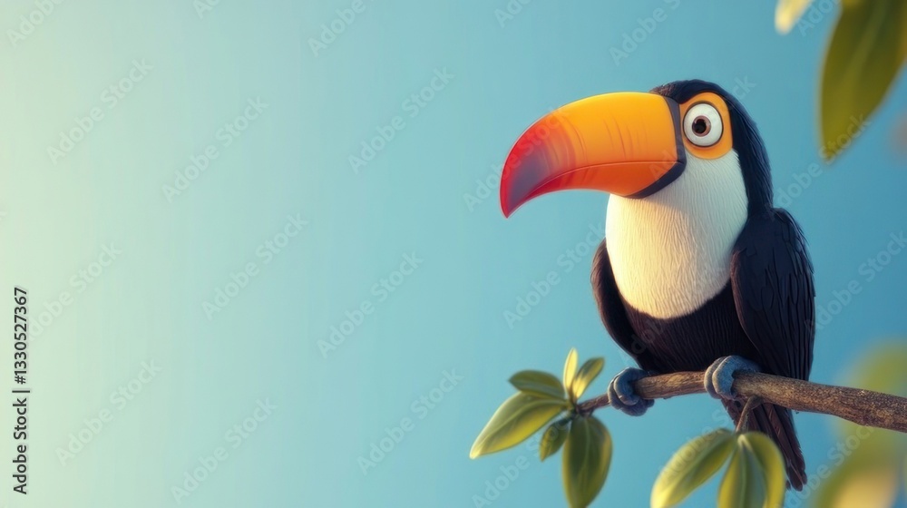 Naklejka premium Cartoon toucan perched on a branch, bright sky background