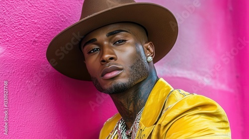 A male model stands against a vivid pink wall, wearing a bright yellow suit and oversized hat while displaying a relaxed yet assertive expression complemented by striking accessories