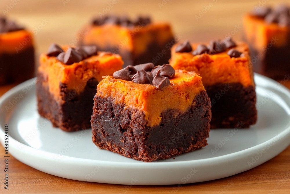 Rich brownie squares layered with pumpkin puree and chocolate chips are displayed on a pale plate. The vibrant orange and dark layers create an inviting treat perfect for autumn Rich brownie squares layered with pumpkin puree and chocolate chips are displayed on a pale plate. The vibrant orange and dark layers create an inviting treat perfect for autumn