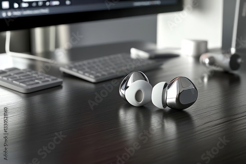 Modern Wireless Earbuds on a Desk with Computer Setup Technology Gadgets for Work and Entertai photo