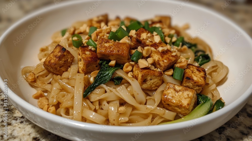 Vegetarian Pad Thai udon noodles, or Pad Thai noodles with smoky tofu and veggies. Includes bok choy, garlic chives, shallots, and peanuts.
Vegetarian Pad Thai udon noodles, or Pad Thai noodles with smoky tofu and veggies. Includes bok choy, garlic chives, shallots, and peanuts.
