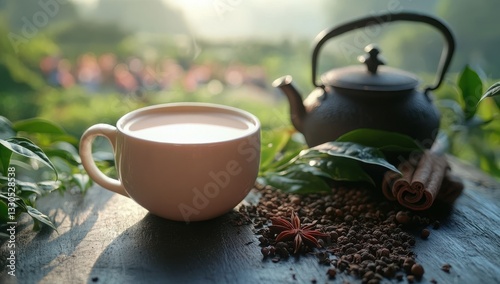 Fototapeta Naklejka Na Ścianę i Meble -  A cup of spiced milk tea background with a traditional iron kettle and spices in front of a bustling tea garden background. 