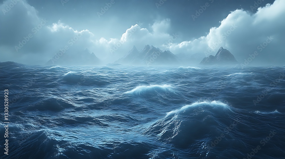 Fototapeta premium Dark Ocean Waves Crashing Against Distant Mountains