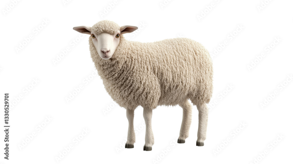 Fototapeta premium Sheep grazing peacefully in a sunny field, showcasing thick wool and curious expression during a serene afternoon
