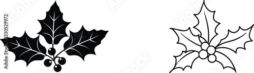 Holly Berries, Sprig, Leaves, Christmas, Winter, Decoration, Design, Illustration, Black, White