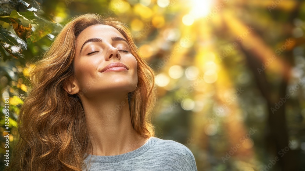 Obraz premium A woman stands calmly in a lush forest, embracing the warmth of the sun filtering through the leaves. Her relaxed expression reflects tranquility and connection to nature