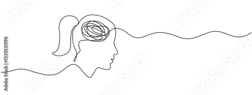 The continuous only linear feature of a woman with confusing thoughts. The concept of problems of mental health, stress, mountain, headaches in a simple linear style. Vector editable illustration
