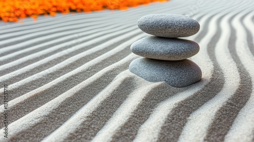 Three smooth stones are carefully stacked on intricately raked sand, creating a sense of balance and peace. Bright orange flowers bloom in the background, enhancing the serene atmosphere