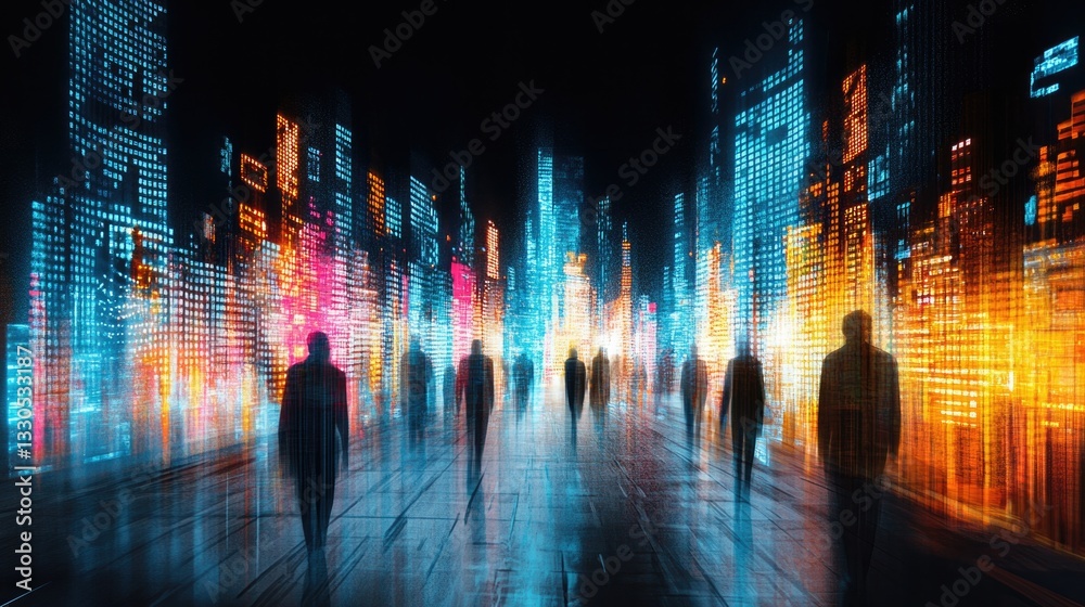 Obraz premium Futuristic cyber arena in watercolor style with abstract cityscape and vibrant lights for modern digital art design