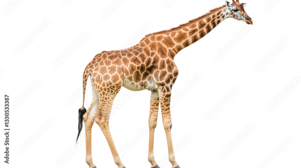 Obraz premium Elegant giraffe standing gracefully against a plain background, showcasing its distinctive patterns and long neck