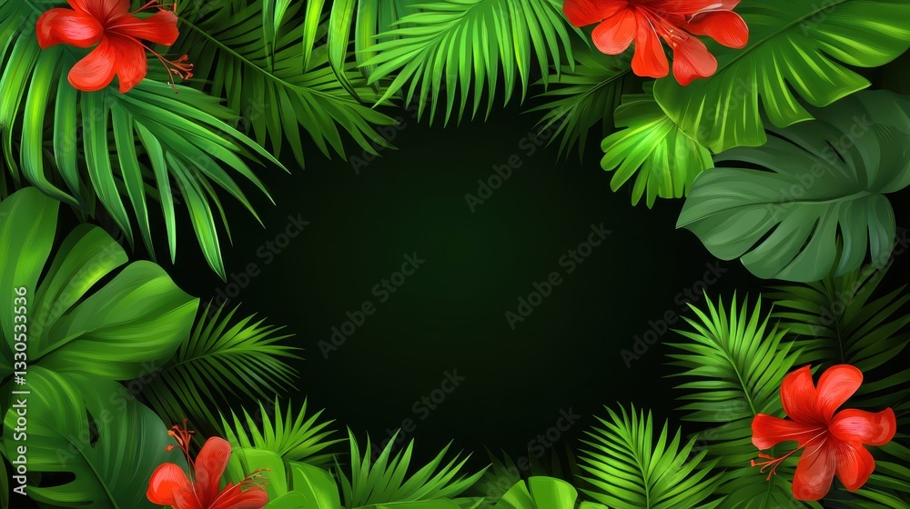 Naklejka premium Lush Tropical Paradise: Vibrant Hibiscus and Palm Leaves Frame