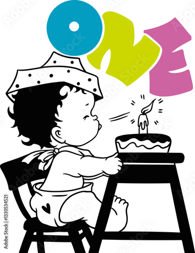  Vector illustration of a "Happy First Birthday" card with a child blowing out a birthday candle on a cake. Perfect for celebrations and invitations.