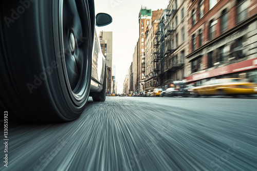 Close up of car tires on urban street of New York. A dynamic snapshot that captures movement photo
