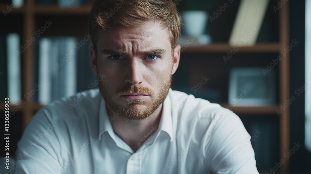Obraz premium Serious Young Caucasian Businessman with Depressed Expression