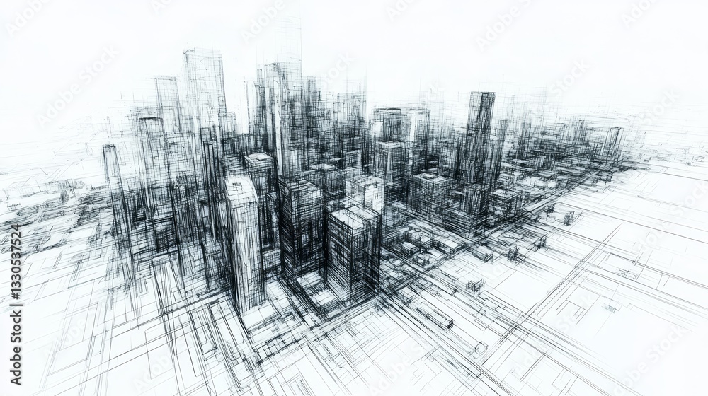 Fototapeta premium A 3D city drawing, shown as lines and layers. Some lines are visible, others are hidden, like a wireframe model. 