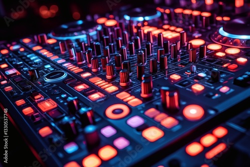 Close-up of a DJ mixer with glowing lights and buttons, ready for a night of music. The mixing board is lit up with a variety of colors, suggesting a lively atmosphere.  