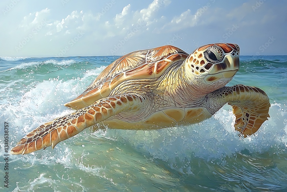 Fototapeta premium Sea Turtle Swimming In Shallow Water
