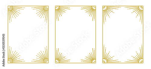 Geometry design borders with radiant corners. Art Deco vintage style frame set. Retro geometric outline decorations. Linear gold colored elements. Paths are not expanded. EPS 10 vector illustration.