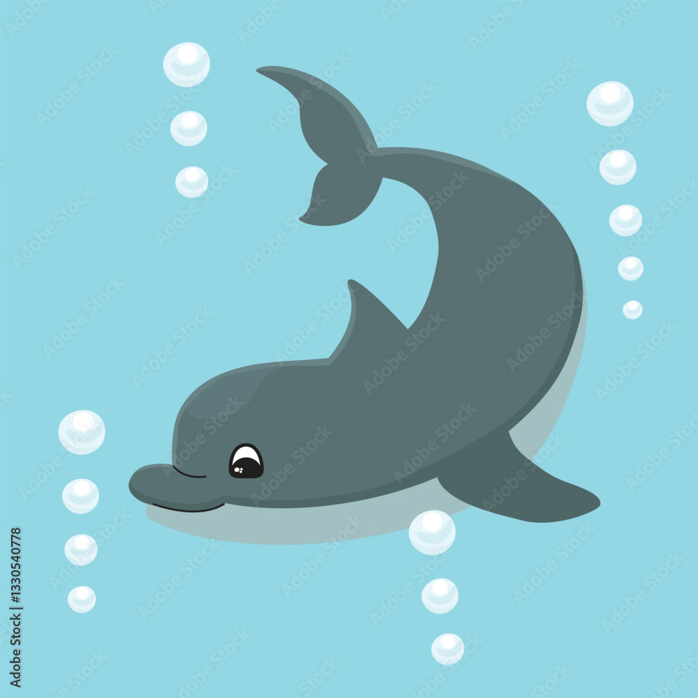 Obraz premium Funny vector illustration with cartoon swimming dolphin. Background with underwater animal character and air bubbles. Blue, grey and white colors. Print on fabric and paper. Design for card, banner. 