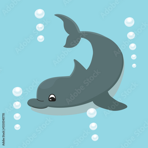 Funny vector illustration with cartoon swimming dolphin. Background with underwater animal character and air bubbles. Blue, grey and white colors. Print on fabric and paper. Design for card, banner.
